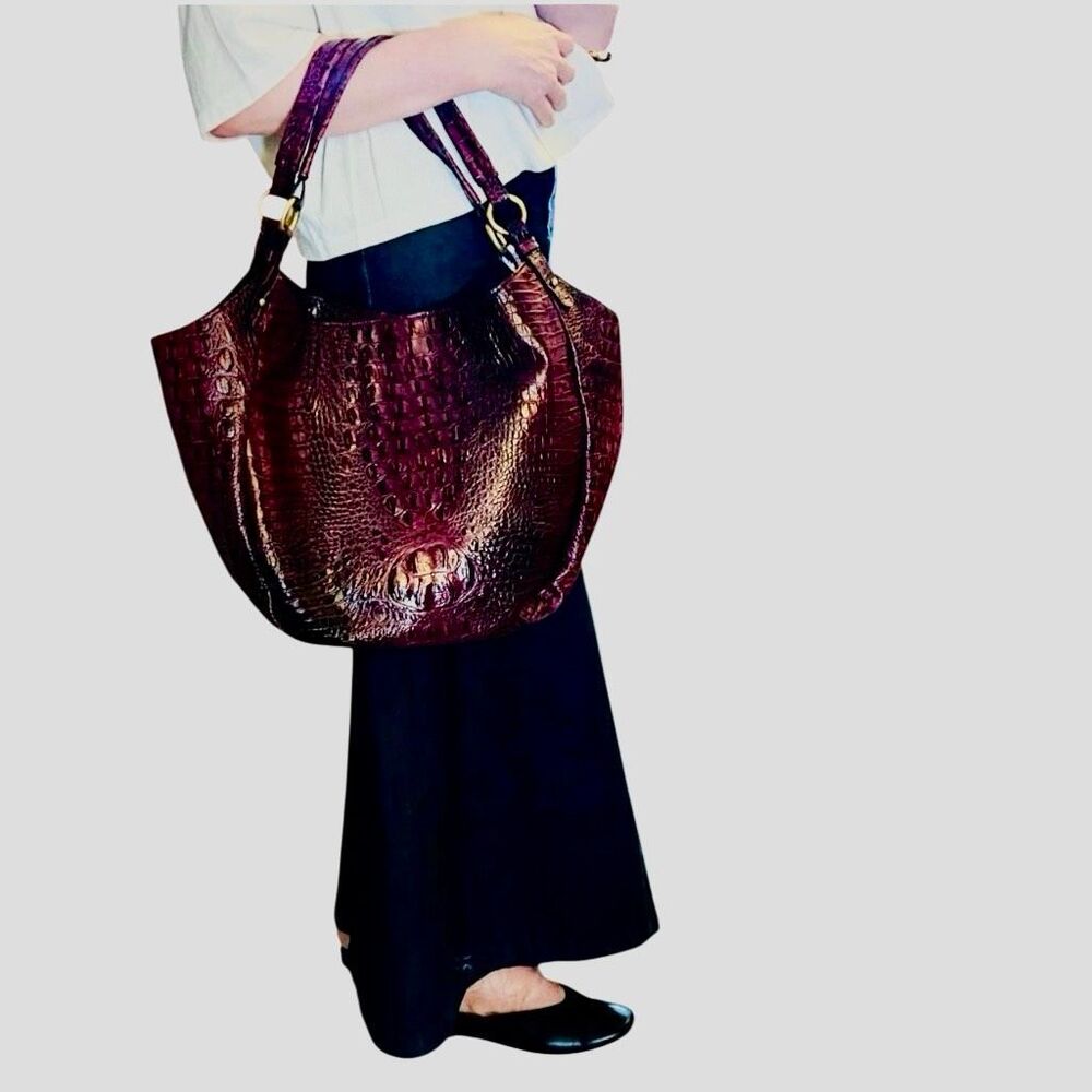 Brahmin Jacqueline Melbourne Fig Croc Embossed Wine Hobo Shoulder Bag Tote Gold - Picture 4 of 16